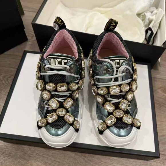 NIB Authentic Gucci Tricolor Leather&Mesh Flashtrek Reflective Lace Up Sneakers - Picture 2 of 6